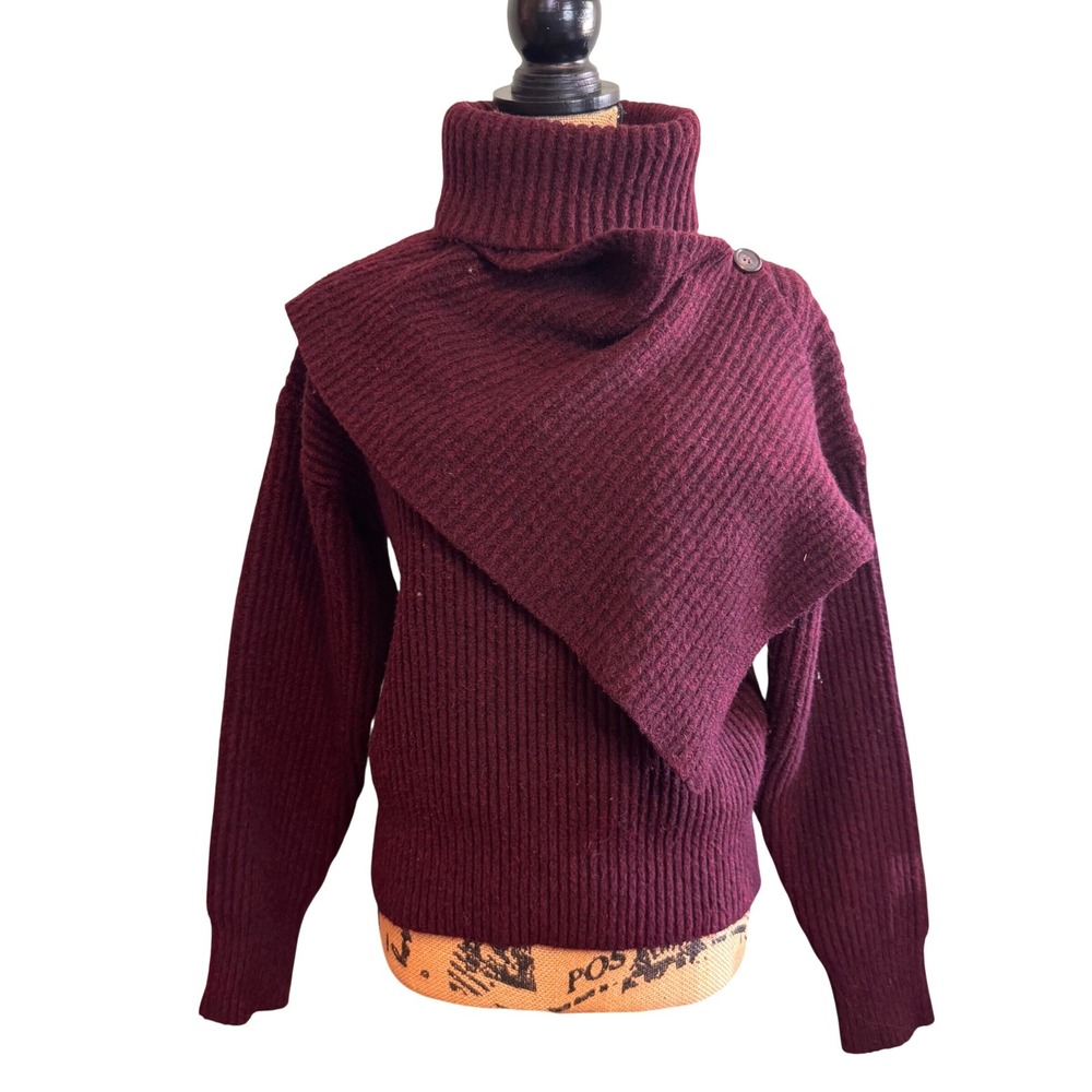 Thakoon Collective Women Asymmetric Drape Wool Turtleneck Sweater Burgundy Small